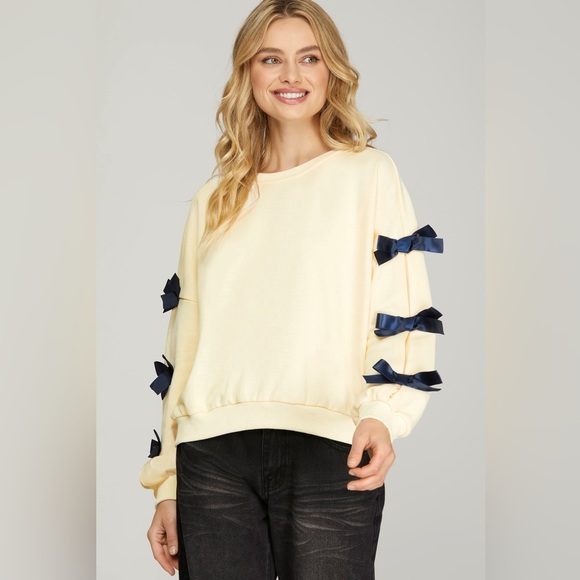 She + Sky Sweaters - 012. Knit French Terry Sweatshirt With Tied Ribbon Sleeves in Cream